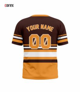 Camiseta Corex de Manga Corta a Rayas Marrón y Naranja con Estampado del Nombre del Equipo, Cuello Redondo, Corte Regular, Estilo Deportivo - Product Image 2