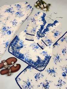 ชุดเสื้อผ้าสำเร็จรูปสำหรับงานปาร์ตี้ ดีไซน์เนอร์ ออกแบบลายพิมพ์ดิจิทัล พร้อมงานปัก บนผ้าจอร์เจตต์เทียม ประกอบด้วยเสื้อ ท็อป กางเกงพลลาโซ และผ้าคลุมไหล่ - Product Image 6
