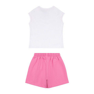 Conjunto de Dos Piezas para Niñas, Camiseta Blanca y Pantalones Cortos Rosas, Manga Corta, Cuello Redondo, Estilo Casual de Verano, Algodón Estampado - Product Image 2