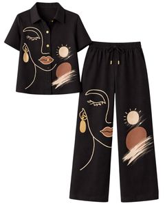 Conjunto de Dos Piezas para Mujer con Estampado Abstracto de Rostro Negro, Camisa de Manga Corta con Botones y Pantalones Anchos, Estilo Casual de Verano - Product Image 1