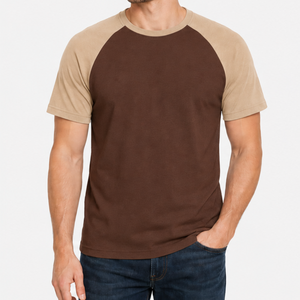 Camiseta de hombre moderna con manga raglán, logotipo personalizado, color chocolate, beige, dos colores en contraste, ropa deportiva, camisetas casuales lisas. - Product Image 1