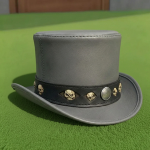 High quality custom made Handmade Grey Leather Skull Top <b>Hat</b> Gothic <b>Steampunk</b> Biker Cosplay <b>Hat</b> - Product Image 2