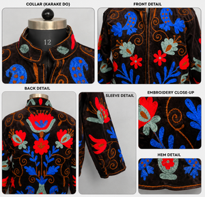 Artisan Brown <b>Velvet</b> <b>Jacket</b> Women Hand Embroidery Bomber Long Sleeve Stand Collar Cotton Lining Winter Coat Boutique Gift - Product Image 4