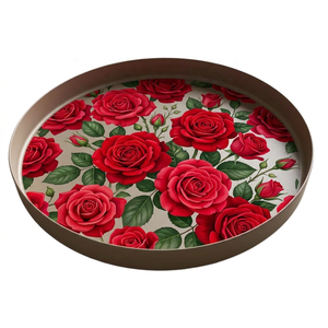 Bandeja Redonda de Metal para Servir, Bandeja Decorativa Floral de 45 cm, Plato Grande con Rosas Rojas, Logotipo Personalizado, Regalo, Bandeja de Cocina Duradera, Decoración del Hogar - Product Image 1
