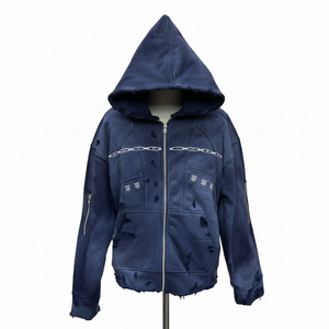 Sweat-shirt à capuche pour homme en coton 100% de haute qualité, lourd, avec logo brodé personnalisé, fermeture éclair, effet vieilli sur toute la surface, disponible en plusieurs couleurs - Product Image 5