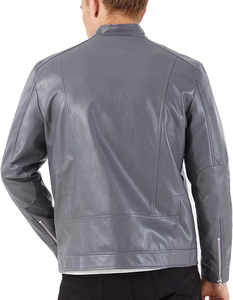 Blouson moto homme gris en cuir PU, col montant, fermeture éclair, coupe ajustée, longueur standard, pour l'automne - Product Image 3