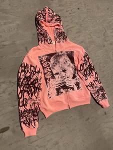 Sweat-shirt à capuche zippé court personnalisé pour homme, imprimé graphique abstrait sur toute la manche, style vintage streetwear, en coton - Product Image 2
