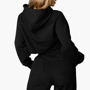 Sudadera con Capucha Negra Corta, Oversize, de Manga Regular, Tejida, de Color Sólido, Informal, para Otoño, Unisex - Product Image 2