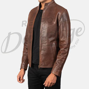 Veste en cuir marron pour homme, en véritable peau de mouton, style vintage vieilli, coupe ajustée, pour automne-hiver, décontractée, style motard - Product Image 5