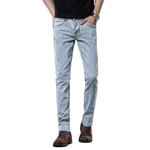2025 nouveaux hommes Slim Fit rétro Denim jean respirant Stretch pantalon en gris bleu fermeture éclair décoration plaine teint pour la saison d'automne - Product Image 1