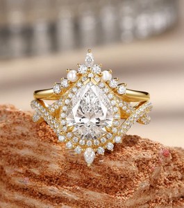 925 <b>Sterling</b> <b>Silver</b> Gold Plated Pear Cut Moissanite Luxury Prong <b>Set</b> Bridal Engagement Wedding <b>Ring</b> for Women & Unisex - Product Image 1