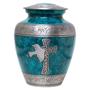 Urna Funeraria de Aluminio con Acabado en Mármol Verde y Negro, con Cruz Plateada y Diseño de Pájaro Grabado, para Cenizas Humanas - Product Image 5