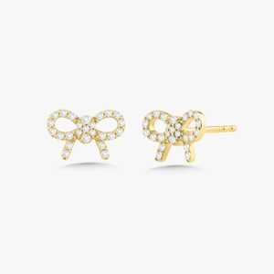 Boucles d'oreilles clous nœud papillon en diamant, vente en gros, or massif 14K, pavé rond, mignonnes pour bébé fille, avec fermoir poussoir, minimalistes, pour usage quotidien - Product Image 1