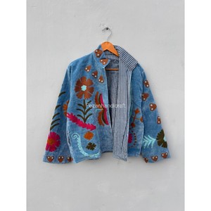 Veste en velours bleu turquoise, veste brodée ouzbèke, manteau unisexe, veste courte d'hiver, veste bohème chic, manteau pour femme - Product Image 6