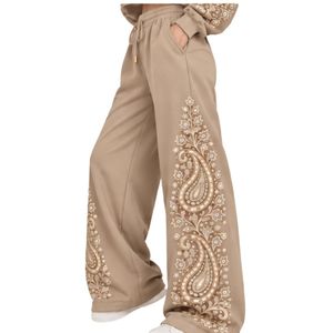 Beige Womens Paisley Print Crop Hoodie Wide Leg Pants Two Piece Tracksuit Casual Streetwear Loose Fit <b>Jogger</b> <b>Matching</b> Outfit <b>Set</b> - Product Image 4
