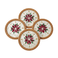 Ensemble de dessous-de-verre en rotin fait main, rond, incrusté de nacre, motif floral, style bohème, pour boissons