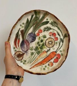 Handpainted <b>Ceramic</b> Flat <b>Plates</b> Irregular Shape Striped Design Green Brown Pink Blue Minimalist Style Dinnerware Set - Product Image 2