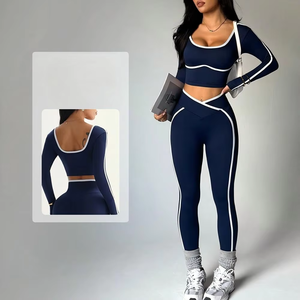 Conjunto Deportivo de Dos Piezas para Mujer, Top y Pantalones de Yoga en Colores Contrastantes, Transpirable, Manga Larga, Cintura Alta, Levanta Glúteos - Product Image 1