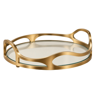Plateau de service rond de luxe avec base en verre transparent et cadre doré sculptural |   Plateau de table décoratif élégant pour la décoration de la salle à manger - Product Image 1
