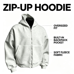 Men's Oversized <b>Zip</b>-Up <b>Hoodie</b> Soft Fleece Fabric Built-In Backpack <b>Pocket</b> Autumn Casual Wear Solid Color Regular Fit - Product Image 1