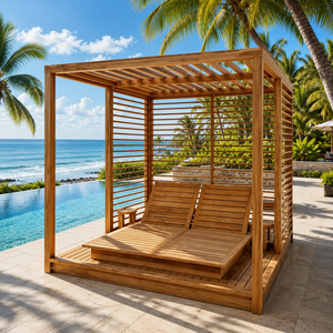 Pérgola de Madera Moderna y Lujosa para Exteriores con Tumbona Ajustable Integrada, Gazebo de Madera de Teca para Piscina, Ideal para Resorts y Villas - Product Image 1