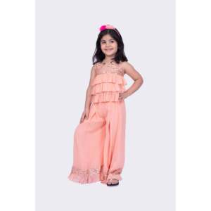 Women's Embroidered Georgette Sleeveless <b>Top</b> and Palazzo Set in <b>Peach</b> - Product Image 1