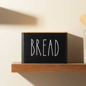 Unique Black Bread Box With Wooden Lid Rectangular Metal <b>Food</b> <b>Container</b> Printing Design Storage Bin - Product Image 1