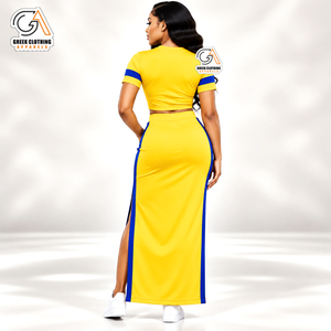 Conjunto de Dos Piezas Azul y Dorado de la Hermandad Femenina Sigma Gamma Rho 1922, Top Corto con Cuello Redondo y Falda Maxi con Bloques de Color, 100% Algodón Bordado - Product Image 4