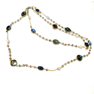 Collier de perles multicolores en pierres naturelles, plaqué or 18 carats, argent sterling, style bohème, kyanite, labradorite, perle d'eau douce - Product Image 1