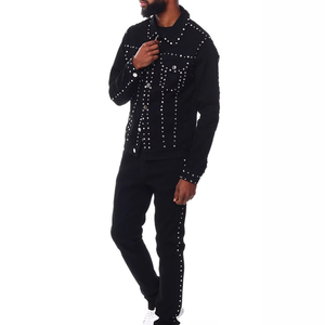 Veste en jean pour homme avec strass, col montant et logo personnalisable sur le devant, idéale pour les fêtes et le streetwear - Product Image 3