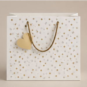 Custom Luxury White <b>Paper</b> Gift Bags with Rope Handles, Gold Polka Dot Design, Heart Tag & <b>Tissue</b> <b>Paper</b> for Retail Packaging - Product Image 2