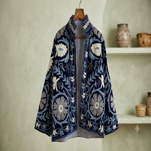 Handmade Sujani Embroidered <b>Velvet</b> Cotton Lining Mandarin Collar Full Sleeve <b>Jacket</b> <b>Women</b> Boho Vintage Floral Autumn Winter - Product Image 6
