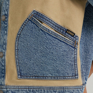 Denim Jacket With Tan Patchwork Turn-Down Collar Button Closure Short Length Casual Streetwear Style Unisex Autumn Wear - Product Image 5