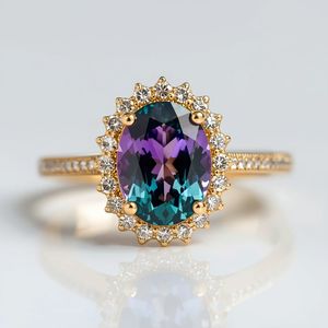 Bague en or massif 9 carats avec trois pierres d'alexandrite de laboratoire, ovale, avec diamant de laboratoire, bijoux fins pour femmes - Product Image 4