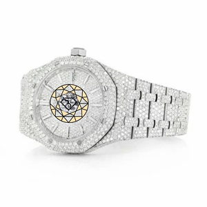 Full Iced Lab Diamond Watch <b>White</b> Gold Plated Octagonal Stainless Steel <b>Bracelet</b> Round Dial Quartz Analog Unisex Wrist Watch - Product Image 2