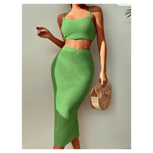 Conjunto de Dos Piezas Estilo Bohemio para Mujer, Top Corto de Punto Verde con Patrón Vintage y Falda Lápiz a Juego, Ropa Casual de Primavera/Verano - Product Image 6