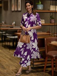 <b>Women</b> Floral Printed Rayon <b>Kurta</b> with Trousers Regular Fit Knee-Length Casual Wear India Pakistan Style Wrinkle Free Quick Dry - Product Image 1