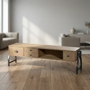 Mueble de TV de Madera y Hierro con Cajones, Estante Abierto, Estilo Industrial, Consola Multimedia para Sala de Estar - Product Image 1