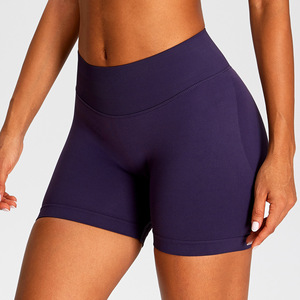 High Waist <b>Black</b> Yoga Shorts Solid Color Seamless Elastic Waist Four-Way Stretch Workout Fitness Shorts - Product Image 4