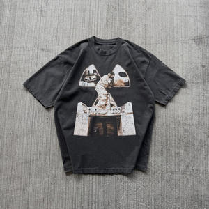 เสื้อยืดผู้ชายไซส์ใหญ่ ผ้าฝ้ายสไตล์สตรีทเรโทร ล้างสีแล้ว พิมพ์ลาย DTG แบบกำหนดเอง ผ้าฝ้ายหนา ประดับด้วยคริสตัลและงานปัก - Product Image 4