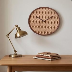 Rattan Quartz Scandinavian <b>Round</b> Woven Pendulum Wall Clock Brown Decorative for Living Room Bedroom Office - Product Image 1