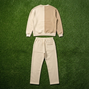 Men Beige Two Tone Sweatshirt <b>Jogger</b> <b>Set</b> Crewneck Contrast Panel <b>Matching</b> Two Piece Tracksuit Streetwear Outfit - Product Image 5