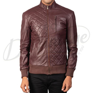 Men Maroon Genuine <b>Leather</b> Quilted Bomber <b>Jacket</b> with Standing Collar and Ribbed Cuffs - Product Image 3
