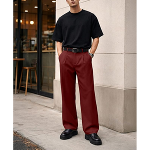 Pantalon plissé bordeaux pour homme, coupe large, taille haute, décontracté, tissé, fermeture boutonnée - Product Image 5