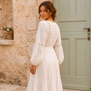 Vestido Maxi Boho de Encaje Blanco para Mujer, Algodón Voile Tejido, Transpirable, Antipilling, Vestido Elegante de Verano - Product Image 2