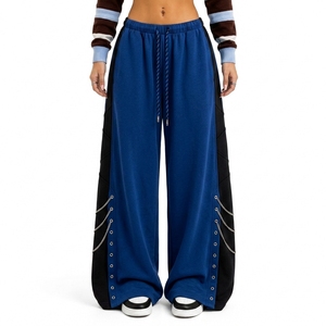 Women's Custom Loose Fit Wide Leg Pants <b>Drawstring</b> Waist Contrast Panels Chain Detail Streetwear Fashion <b>Trousers</b> - Product Image 1