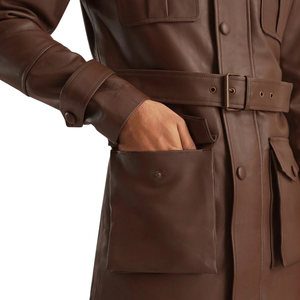 <b>Men</b>’s Brown Genuine Leather Belted <b>Long</b> <b>Coat</b> Multi Pocket Classic Collar Premium Casual Winter Fashion Outerwear - Product Image 2