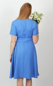 Nouvelle Arrivée Robe de Cérémonie Bleu Bleuet Longueur Genou 100% Coton Col V Coupe Trapèze Habillée pour Femme - Product Image 3