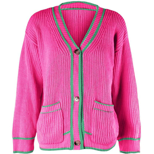 Cardigan rose Sisterhood pour homme et femme, pull en acrylique tricoté avec broderie de logo en lettres grecques, col en V, manches longues, fermeture boutonnée - Product Image 1