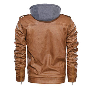 Blouson en cuir élégant pour homme, style universitaire, avec col montant tissé et capuche, confortable, décontracté, style urbain, vente en gros - Product Image 1